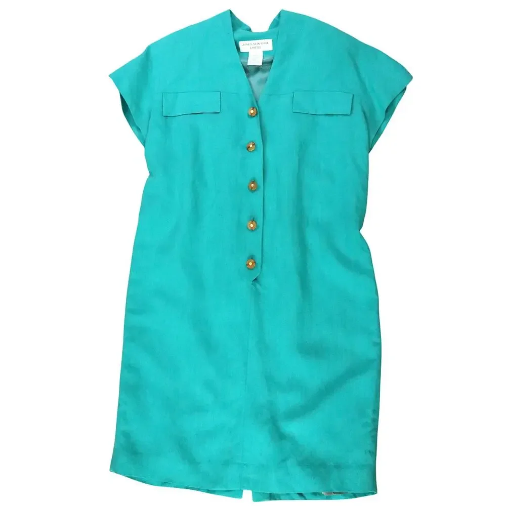 Vintage 90s Jones New York Dress LINEN Seafoam Green Mint Shift Wood Buttons 12 - Picture 1 of 7